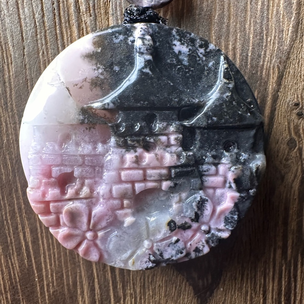 Icy Rhodonite Landscape and Flowers Pendant Necklace on Black Adjustable Rope - Picture 11 of 16